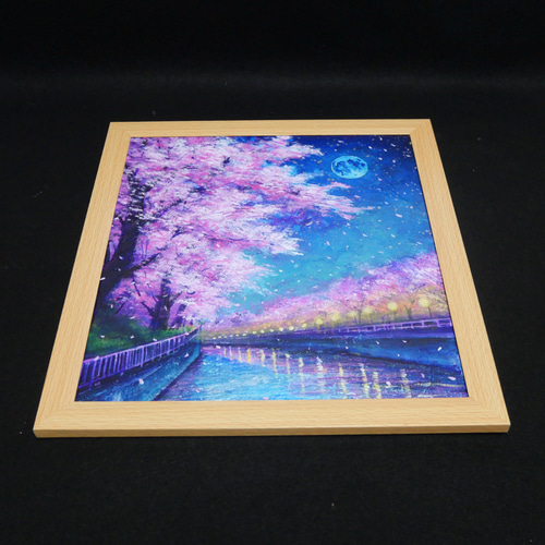油絵【青い満月の夜桜】原画 油彩画 絵画 風景画 夜景 桜アート 春
