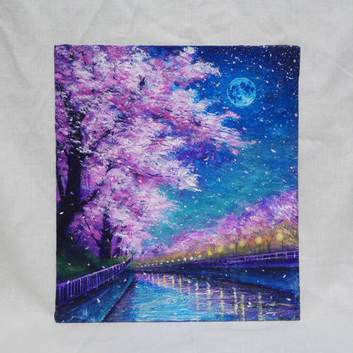 油絵　満月　桜 油絵【青い満月の夜桜】原画 油彩画 絵画 風景画 夜景 桜アート 春