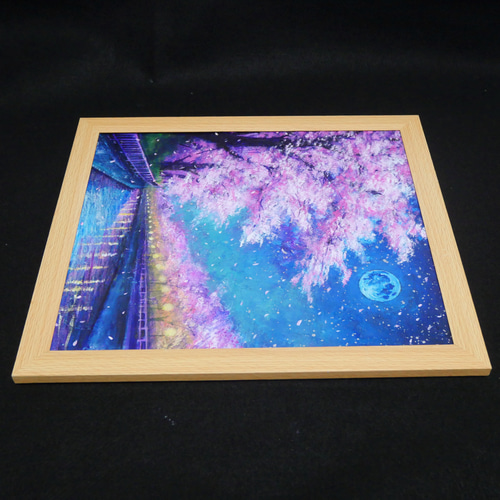 油絵【青い満月の夜桜】原画 油彩画 絵画 風景画 夜景 桜アート 春
