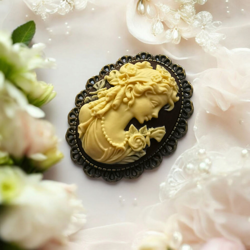 Cameo Brooch #44 カメオ ブローチ 貴婦人 ブラウン ブローチ Side