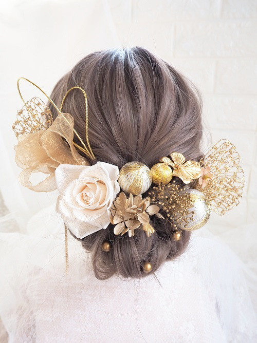 ♡プリザーブドフラワーシャンパンホワイト薔薇　ラメ＆開花加工♡ヘッドドレス＊ウエディング＊前撮り＊和婚＊ヘアアクセサリー