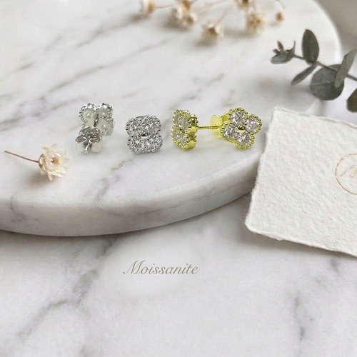 2sets クローバー モアサナイト ピアス&ネックレス ゴールド k18