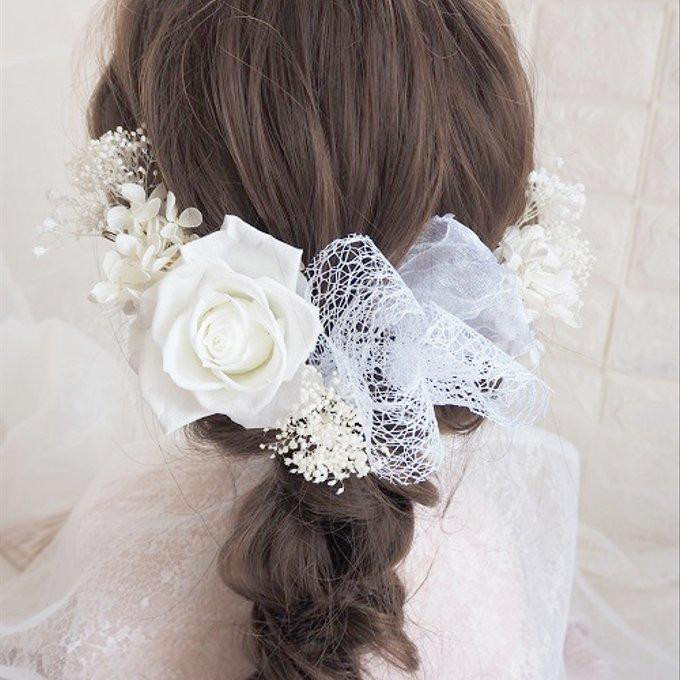 ♡プリザーブドフラワー開花薔薇＆リボン♡ヘッドドレス＊ウエディング＊前撮り＊和婚＊ヘアアクセサリー