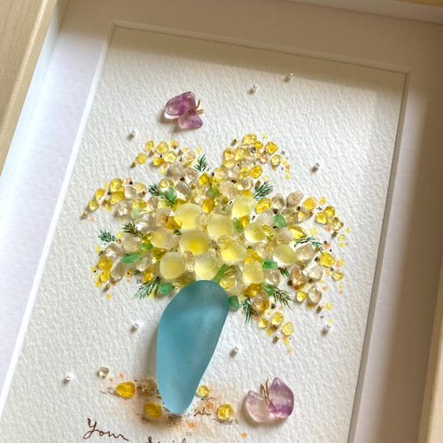 紫陽花と蝶 シーグラス／天然石／フレームアート／花／パープル 紫陽花