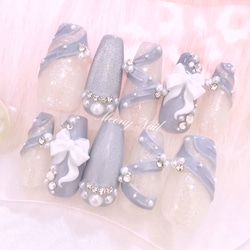 ネイルチップ オーダー フレンチ ガーリー ワンホン 韓国 リボン 量産型 オーダー】量産型 フレンチガーリー ワンホンネイルチップ