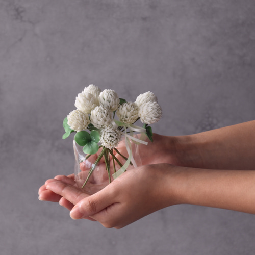 ◇粘土のお花◇ シロツメクサ＆ かわいい 猫の花瓶 S1152 プリザーブド