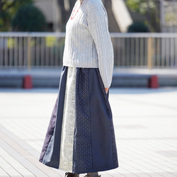 着物リメイク　紬シャツワンピース 着物リメイク◇藍色×グレー紬のAラインシャツワンピース