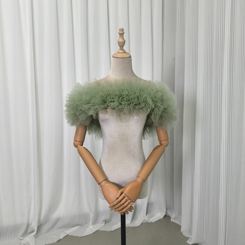 取り外しオフショルダー グリーン ラッフルフリル 編み上げ 結婚式  