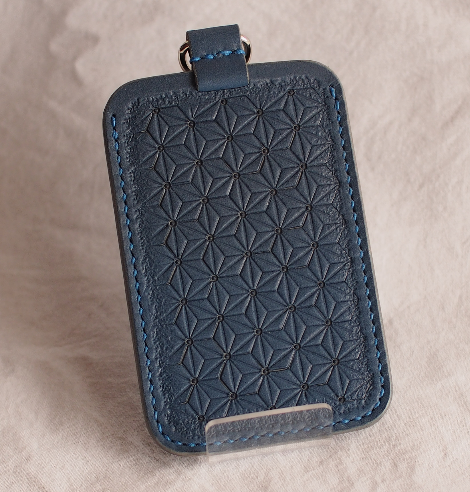 パスケース　青革　麻の葉紋様　本革　栃木レザー