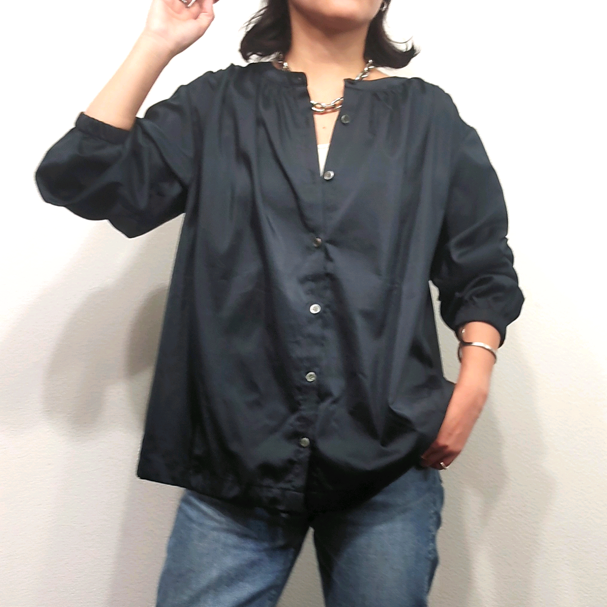 【人気のスピンドルデザイン】　ドロスト　羽織　ブラウス　濃ネイビー　日本製