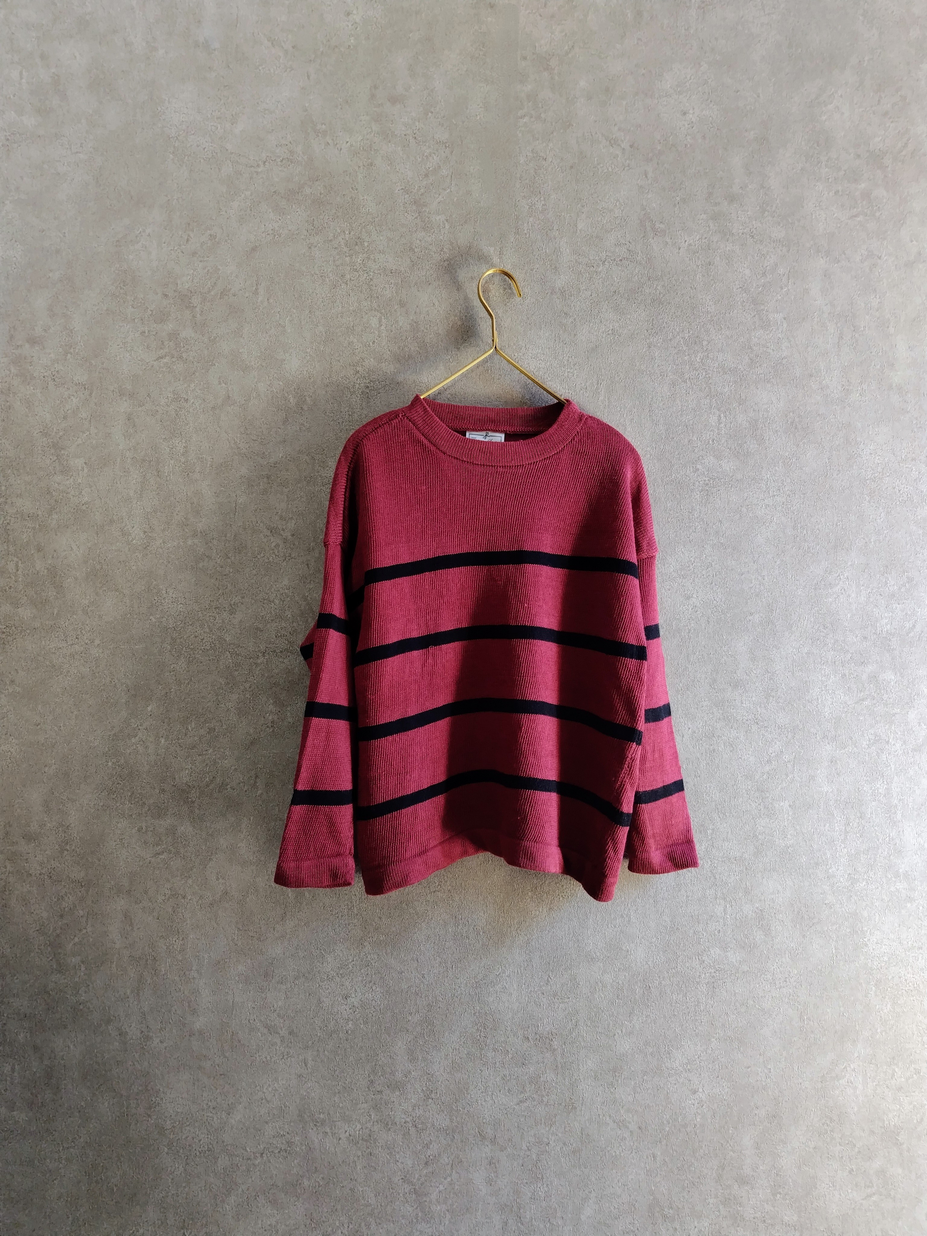 訳ありsale !  リネン ボーダー 春ニット   /  ワイン × 黒  麻　美シルエット