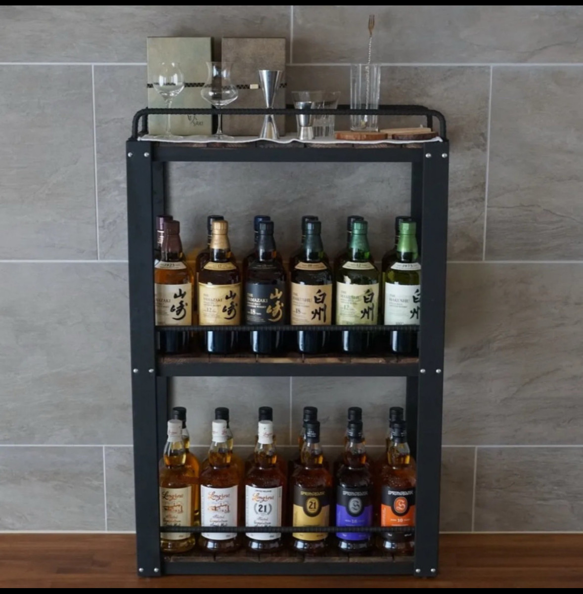 宮崎の桧香る　ウイスキーラック アイアン×木製 ボトルラック グラススタンド 酒棚 バーインテリア おしゃれ 男前雑貨