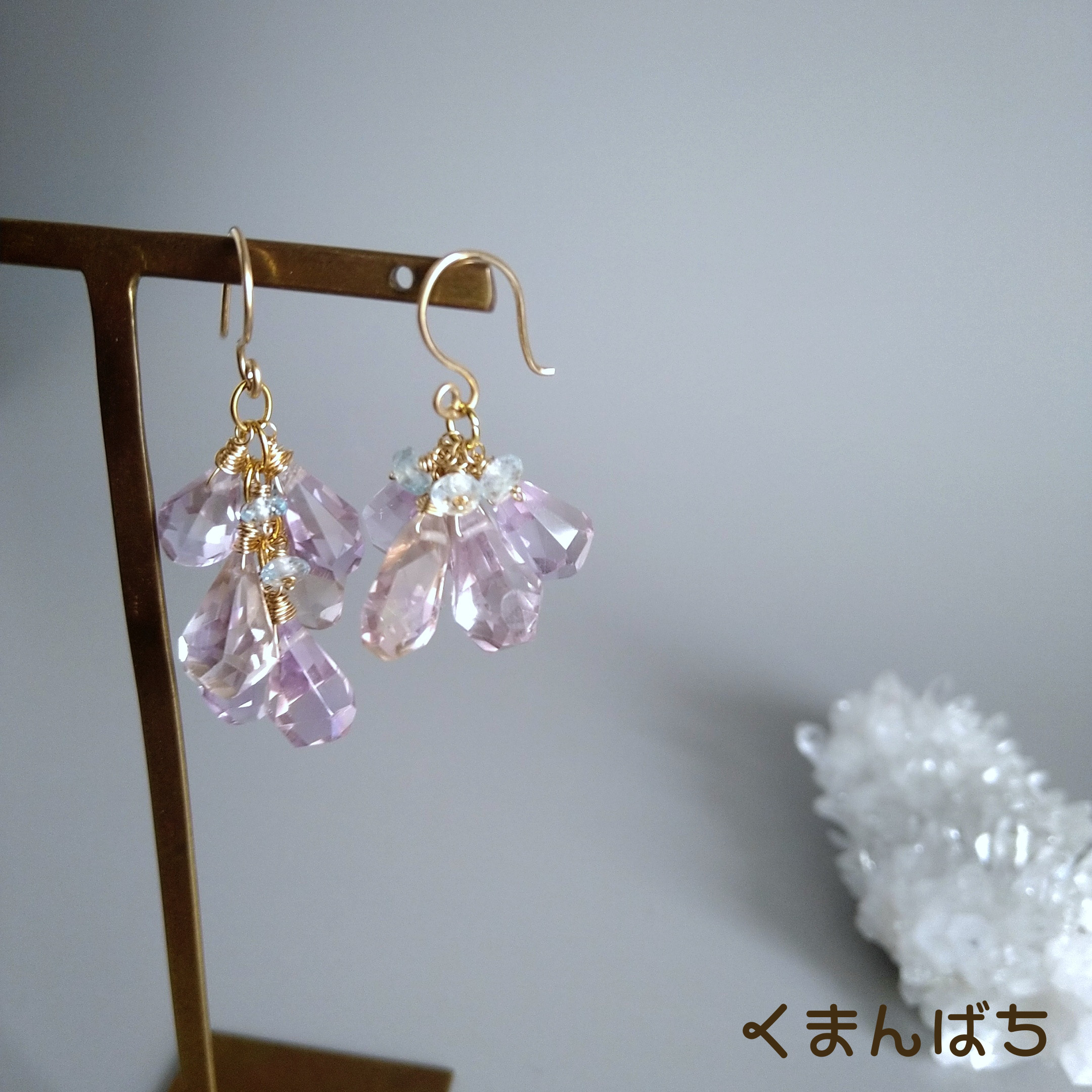 ピアスまたはイヤリング付き《14kgf×sus316》春色♪アメトリン×スカイブルートパーズ♡アシメチャーム♡1473