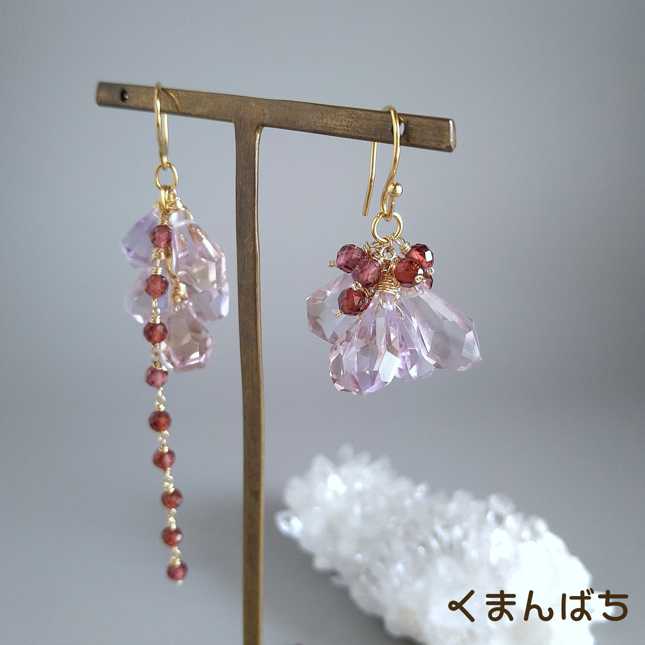 ピアスまたはイヤリング付き《14kgf×sus316》春色♡アメトリン×ガーネット♡アシンメトリーチャーム♡1478