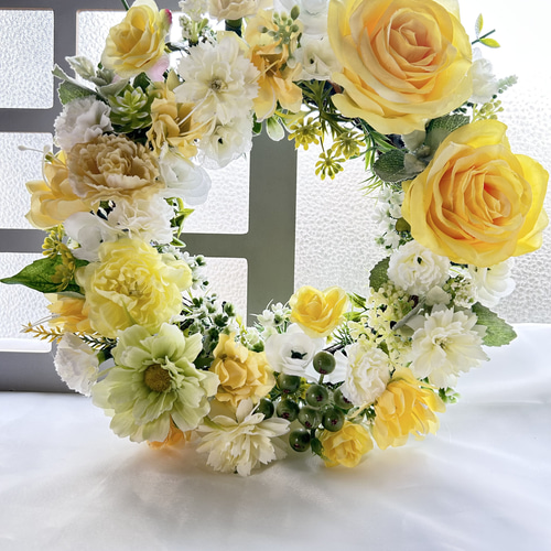アーティフィシャルフラワーリース 花畑 イエロー&ホワイト No