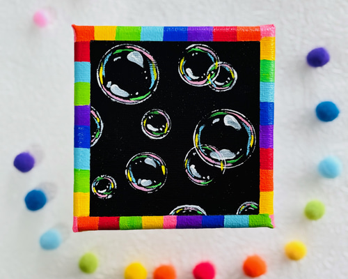 10cm】虹色 シャボン玉 キャンバスアート カラフル アクリル絵の具