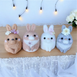 受注制作 羊毛フェルト ぬいぐるみ 花咲うさぎ 羊毛フェルト e.massi