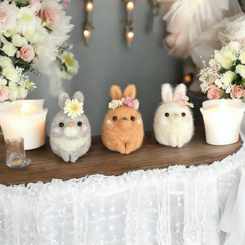受注制作 羊毛フェルト ぬいぐるみ 花咲うさぎ 羊毛フェルト e.massi