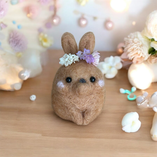 受注制作 羊毛フェルト ぬいぐるみ 花咲うさぎ 羊毛フェルト e