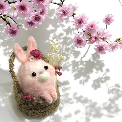 受注制作 羊毛フェルト ぬいぐるみ 花咲うさぎ 羊毛フェルト e