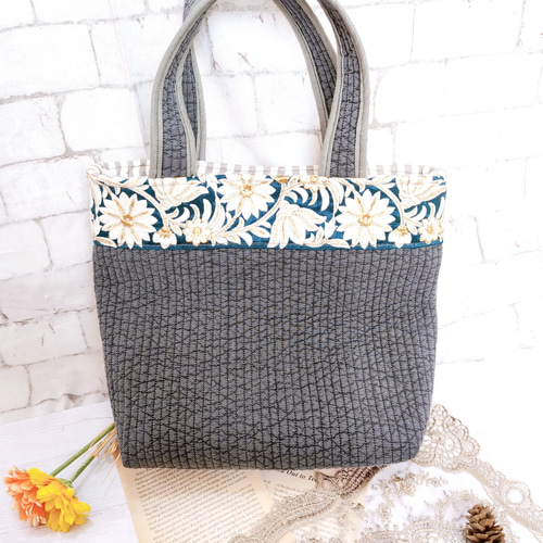 インド刺繍リボン×ヌビ トートバッグ グレー×グリーン トートバッグ