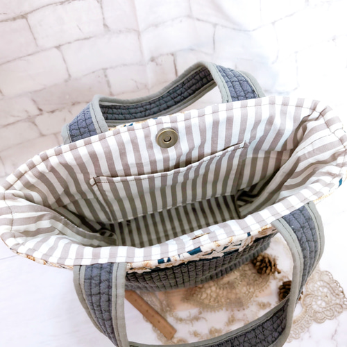 インド刺繍リボン×ヌビ トートバッグ グレー×グリーン トートバッグ