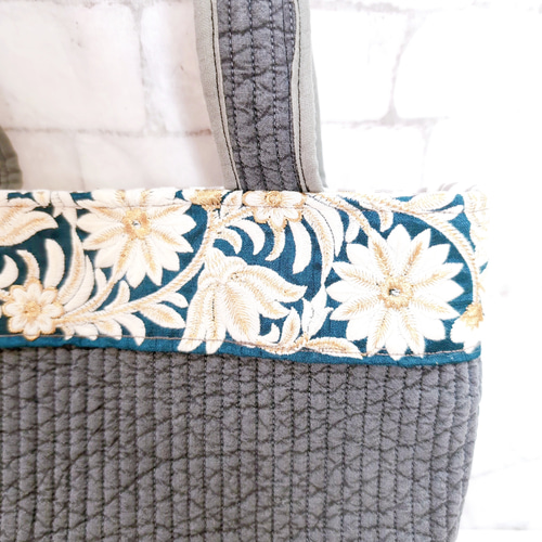 インド刺繍リボン×ヌビ トートバッグ グレー×グリーン トートバッグ