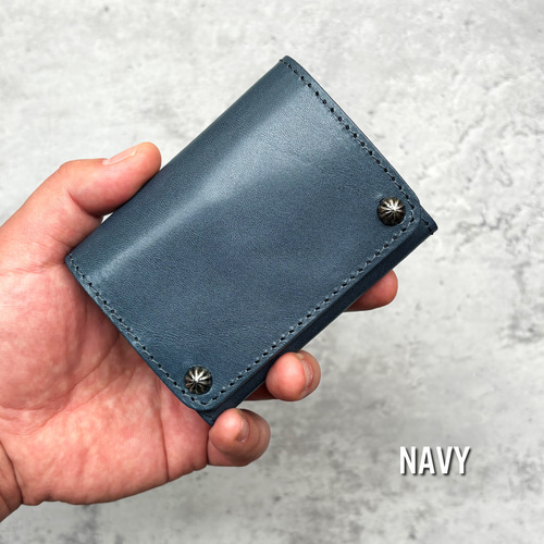 栃木レザーを使用した、ダブルスタッズコンパクト財布 二つ折り財布 全