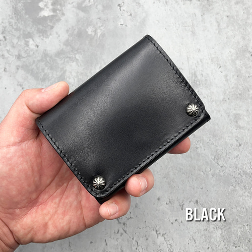 栃木レザーを使用した、ダブルスタッズコンパクト財布 二つ折り財布 全