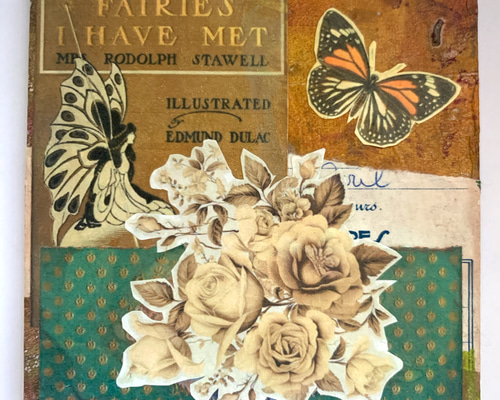 蝶の羽によるコラージュ絵画 蝶と薔薇○コラージュアート○10×10