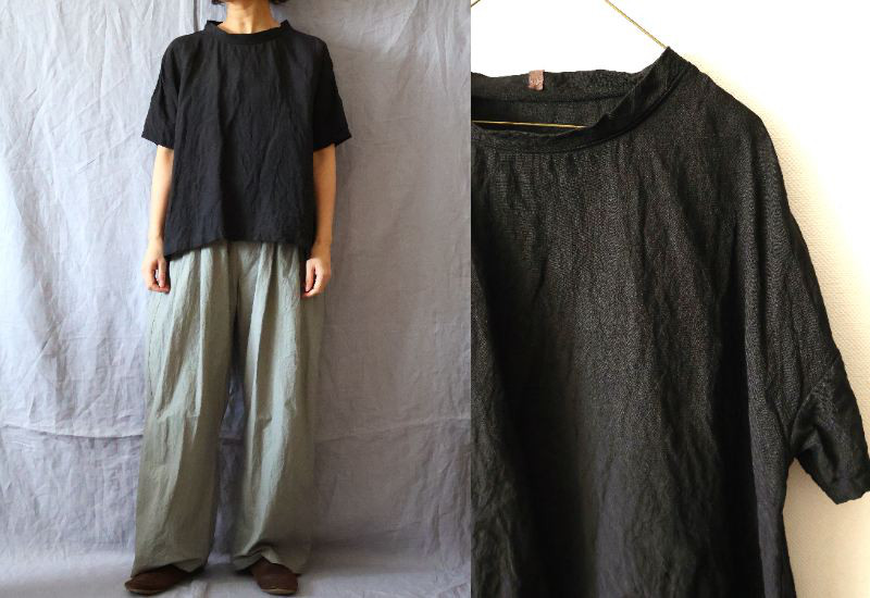 【受注制作】黒/天日干し60リネン(薄地)　ゆるり半袖プル