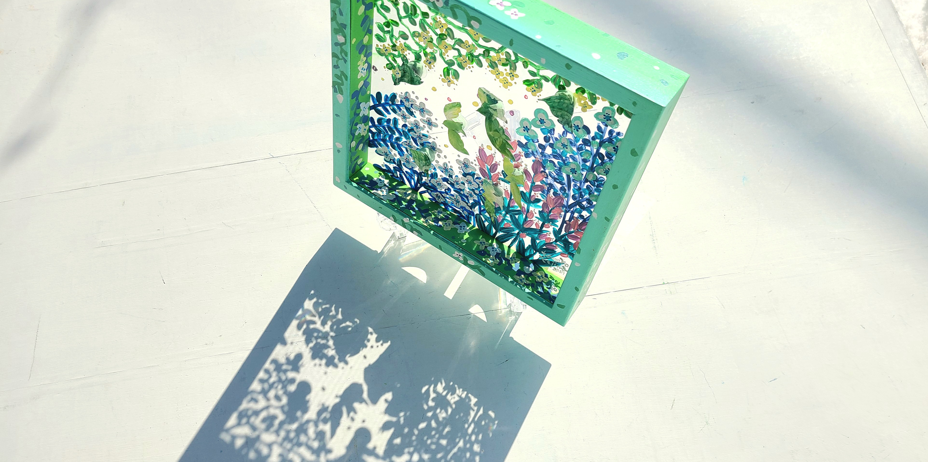 【受注生産/透明アート原画】花庭散歩~エメラルドグリーン×鳥~　クリアBOX　22cm