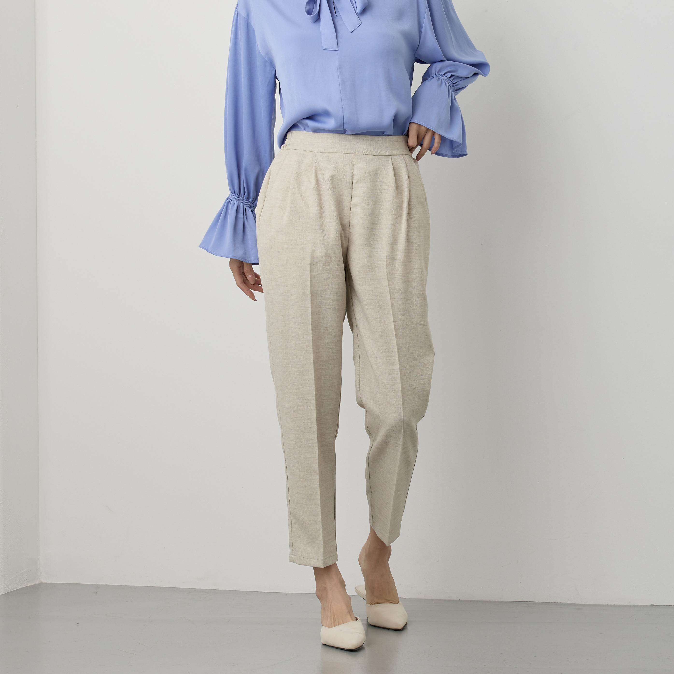 【神シルエット】しわになりにくいリネンライクパンツ　裏付き透けない 軽くて涼しい ベーシックベージュS/M/L