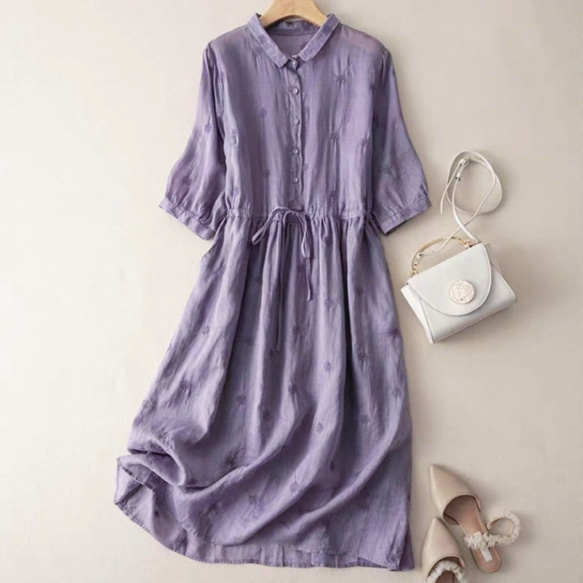 夏◆綿麻◆ワンピース◆コットンリネン◆通勤◆通学◆ラベンダー◆刺繍 1枚目の画像