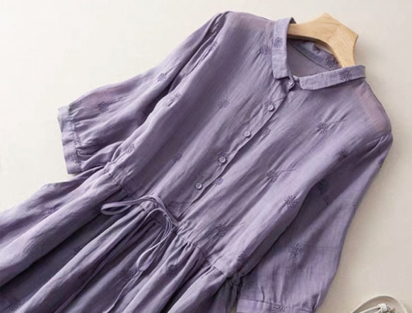 夏◆綿麻◆ワンピース◆コットンリネン◆通勤◆通学◆ラベンダー◆刺繍 2枚目の画像