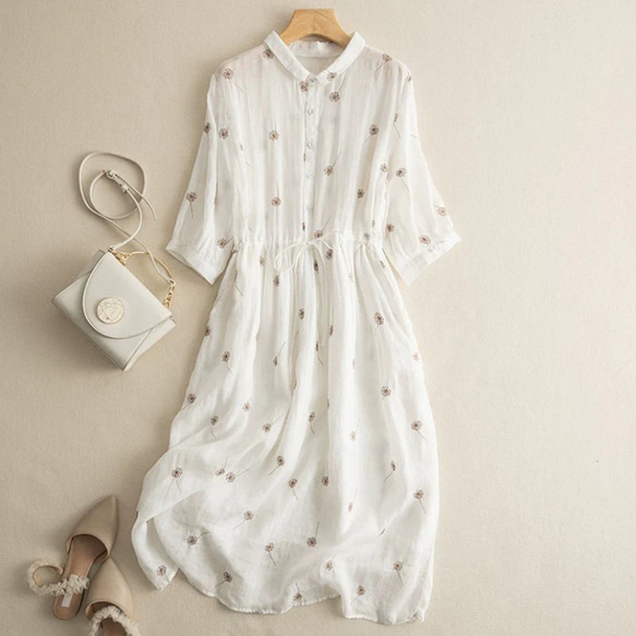 夏◆綿麻◆ワンピース◆コットンリネン◆通勤◆通学◆ホワイト ◆刺繍 1枚目の画像