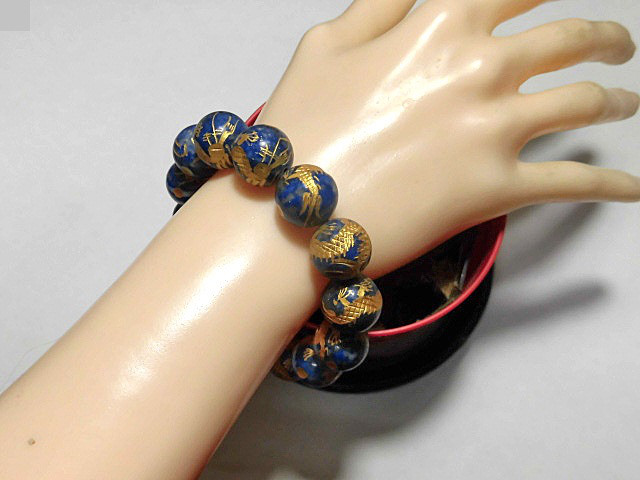 天然石 ラピスラズリ青龍15.5～16.0mm玉ブレスレット 内周19.7cm 　　250720092