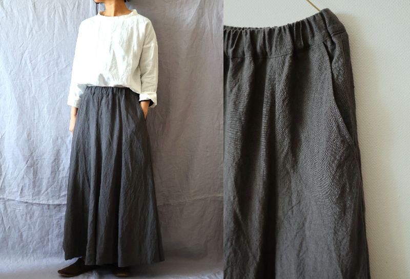 【受注制作】濃チャコールグレー/天日干し40リネン　 切替フレアースカート