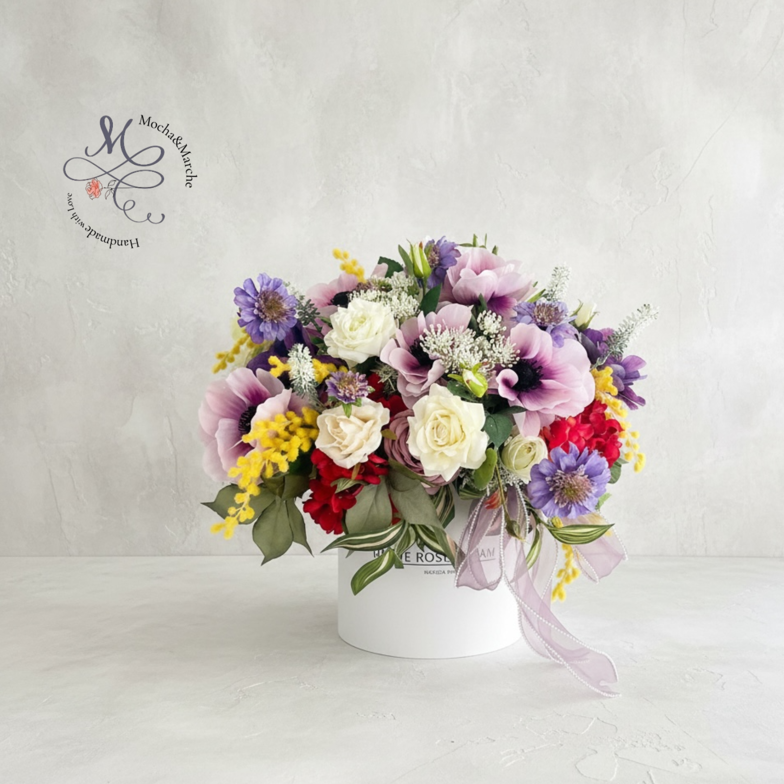 光触媒フラワー アネモネとミモザの春彩ボックスフラワー｜華やか春ギフト 春飾り アーティフィシャルフラワー