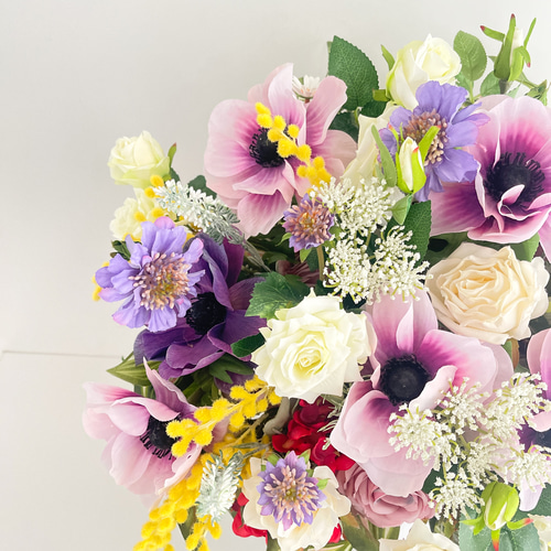 光触媒フラワー アネモネとミモザの春彩ボックスフラワー｜華やか春