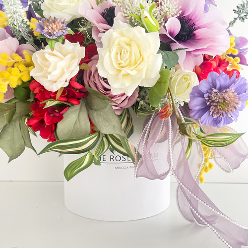 光触媒フラワー アネモネとミモザの春彩ボックスフラワー｜華やか春