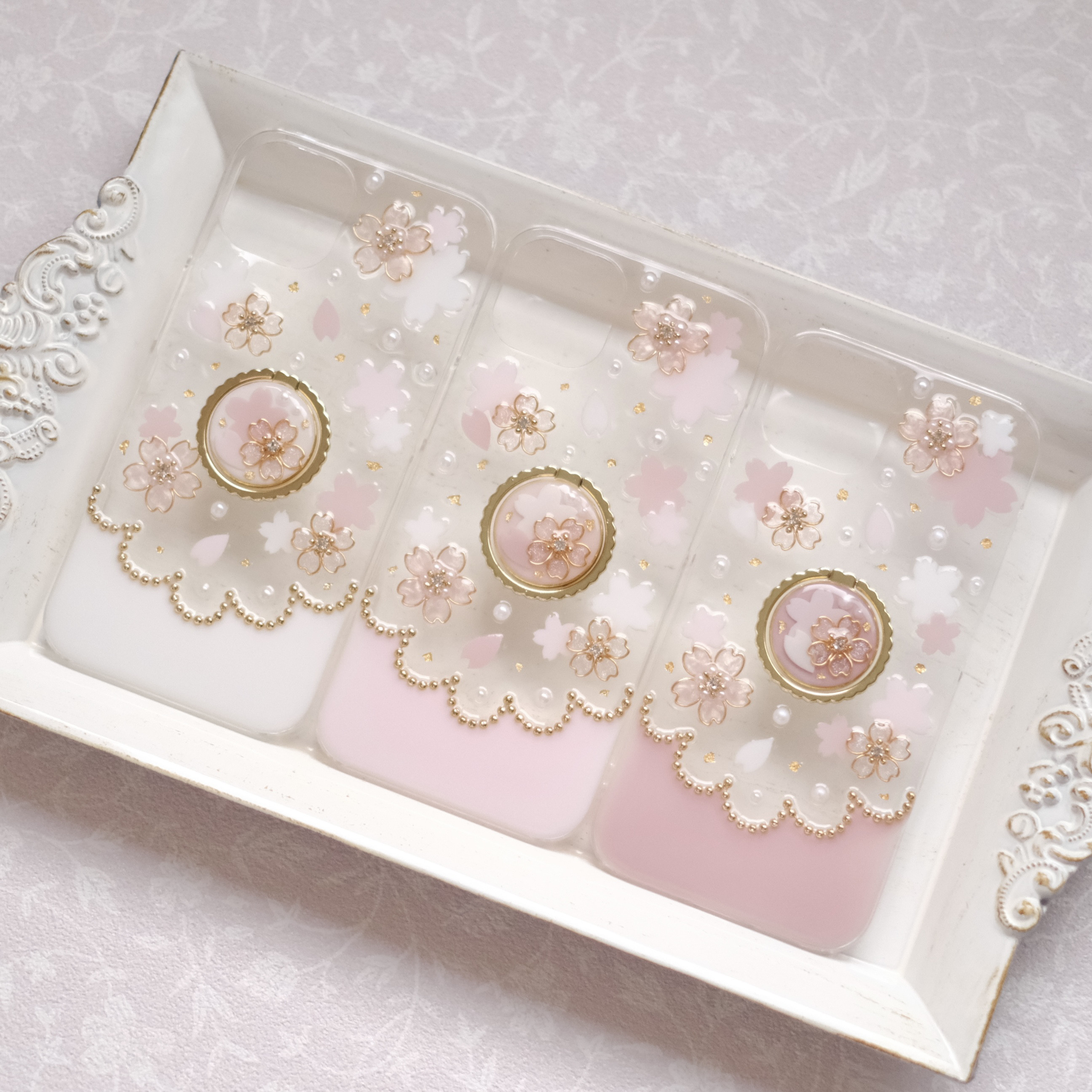 【全機種対応】❁スマホリング付き❁ ぷっくり桜のスカラップ❁.*･ﾟスマホケース