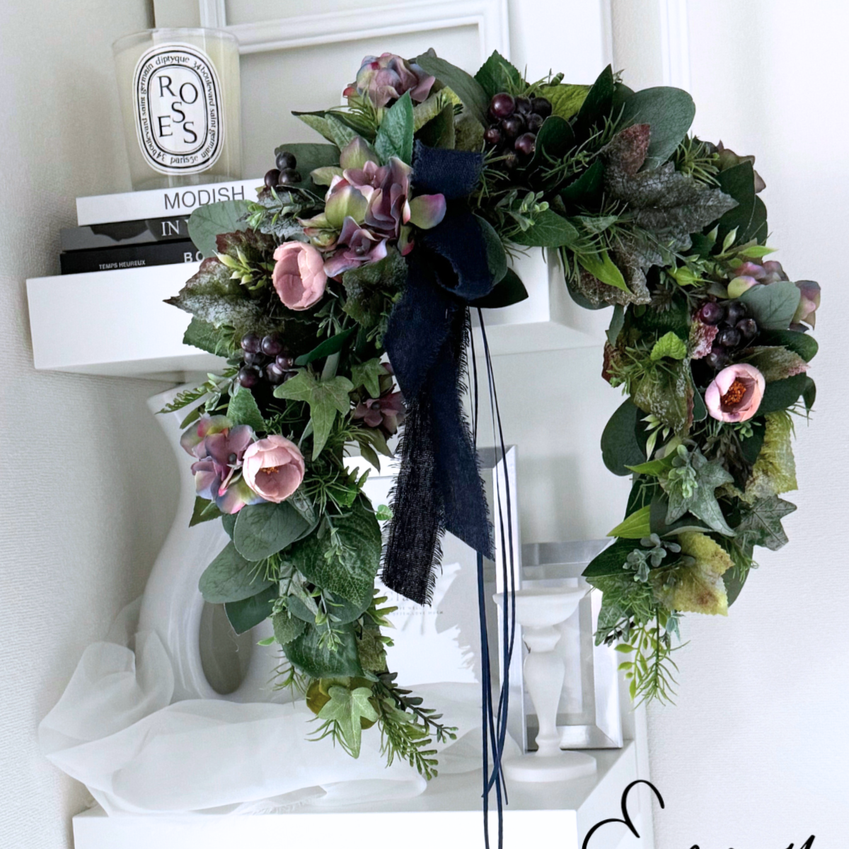 再販依頼受付中｜造花のリース｜アーティフィシャルフラワーのリース｜幸運を呼ぶ馬蹄型リース｜あじさいリース｜生花フェイク 11,100円