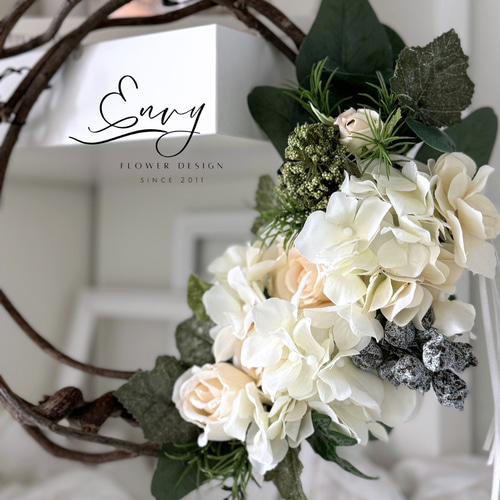 白バラと白あじさいの造花リース】ナチュラル×リアル｜アーティ