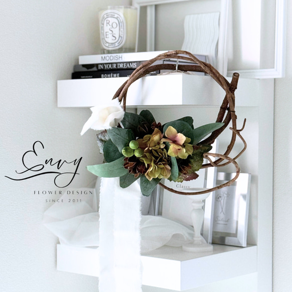 くすみカラー秋色あじさいのリース｜リアルな造花リース