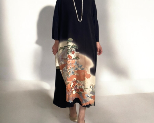 3XL 職人の印,着物リメイク,上品ワンピース, 黒留袖リメイク