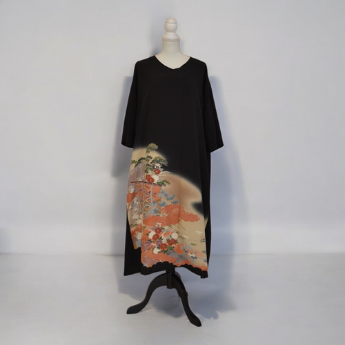 3XL 職人の印,着物リメイク,上品ワンピース, 黒留袖リメイク