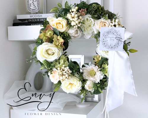 白バラとラナンキュラスのリース】リアル造花｜枯れない花リース