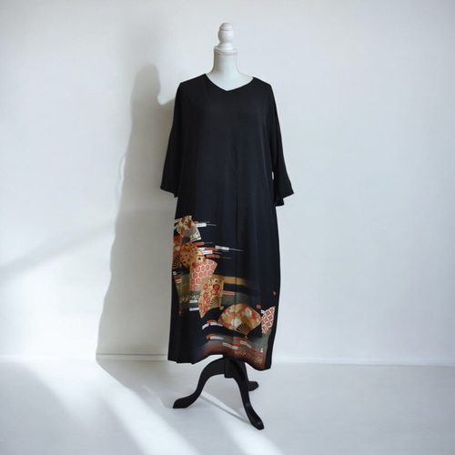 3XL ,着物リメイク,上品ワンピース, 黒留袖リメイク ワンピース 3XL ,着物リメイク,上品ワンピース, 黒留袖リメイク ワンピース