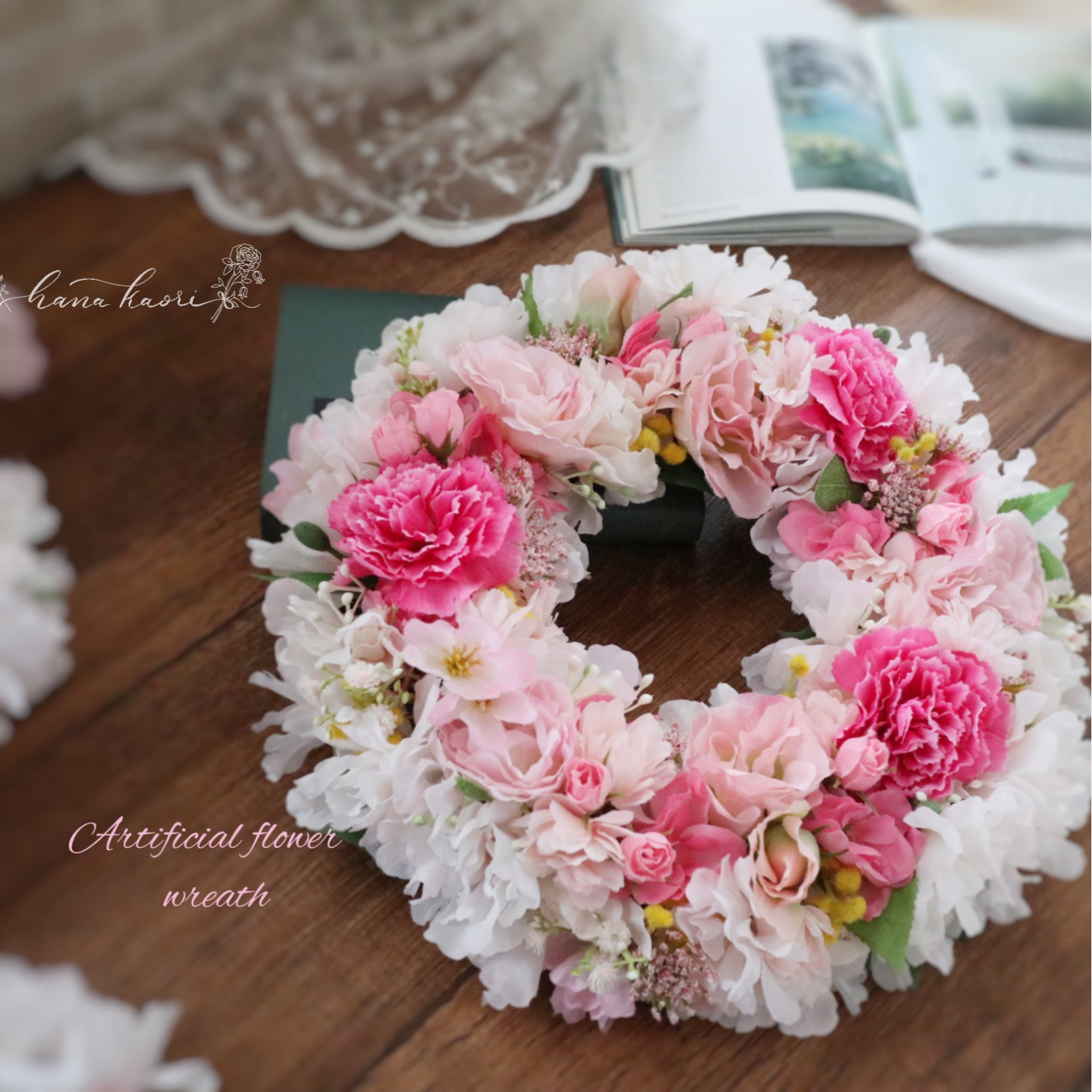 八重桜とカーネーションの春リース ❁ 30cm ピンク ドアリース 花見 誕生日 母の日 アート Creema限定